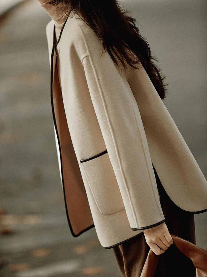 Drune | Kurz Mantel aus Wolle Taschen Rundhals Lange Ärmel Damen Elegante Mode Jacke