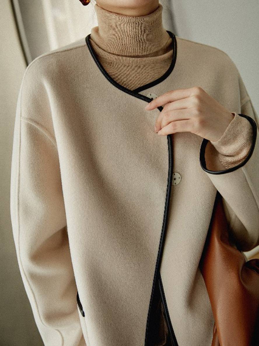Drune | Kurz Mantel aus Wolle Taschen Rundhals Lange Ärmel Damen Elegante Mode Jacke