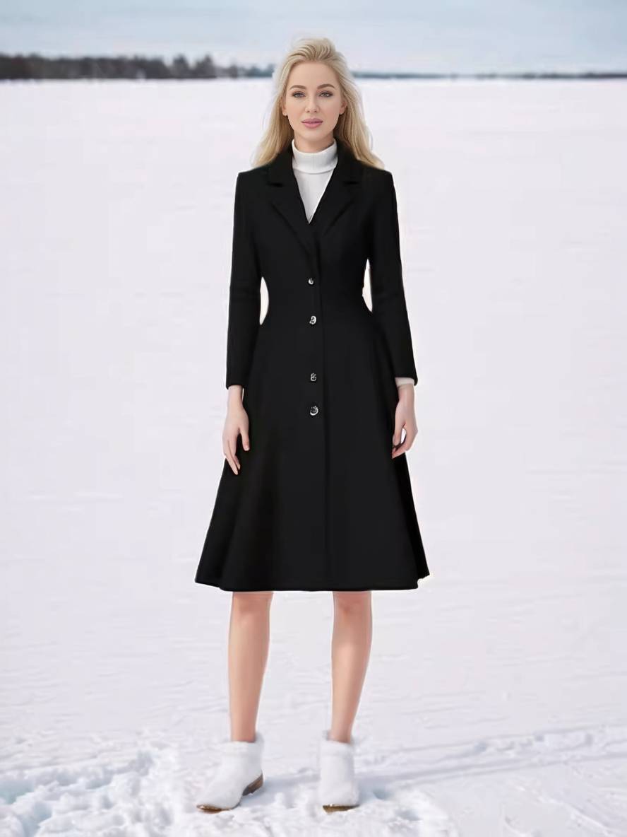 Drune | Mid-Length Mantel aus Wolle A-Linie Knöpfe Reverskragen Lange Ärmel Damen Elegant Casual Casual Weste