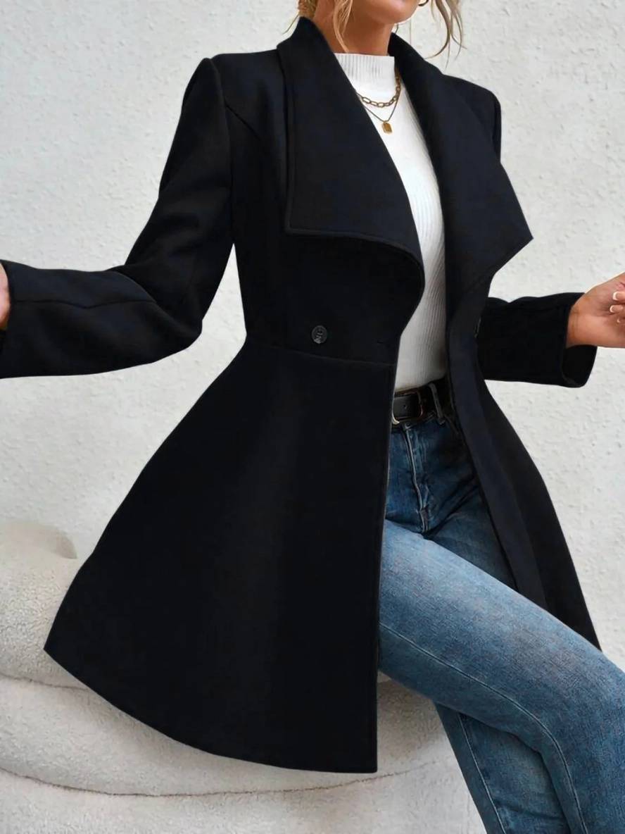 Drune | Mittelanger Wollmantel Einfarbig mit Knöpfen, mit Reverskragen, Langen Ärmeln, Elegante, Lässige Jacke für Frauen