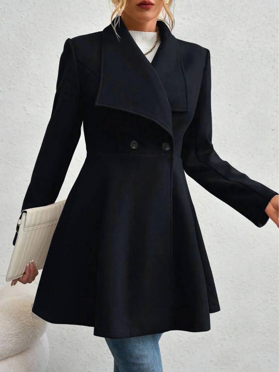 Drune | Mittelanger Wollmantel Einfarbig mit Knöpfen, mit Reverskragen, Langen Ärmeln, Elegante, Lässige Jacke für Frauen