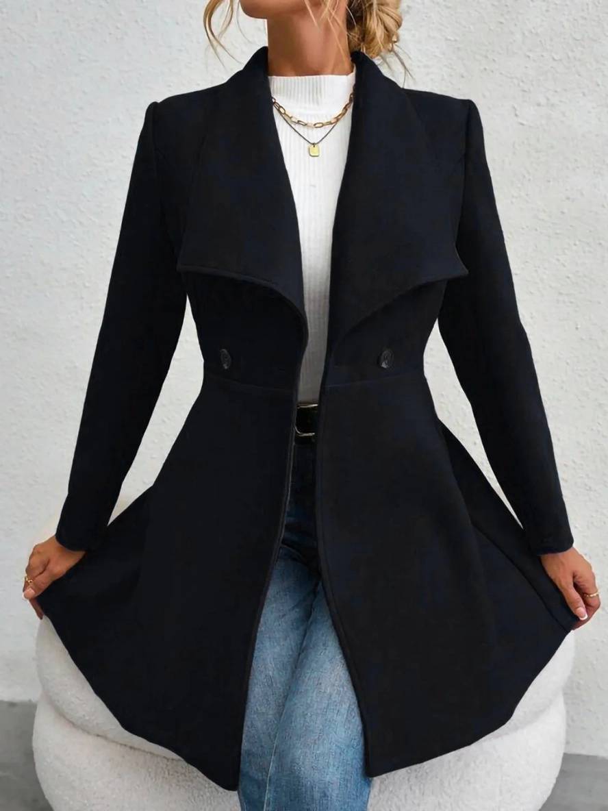 Drune | Mittelanger Wollmantel Einfarbig mit Knöpfen, mit Reverskragen, Langen Ärmeln, Elegante, Lässige Jacke für Frauen
