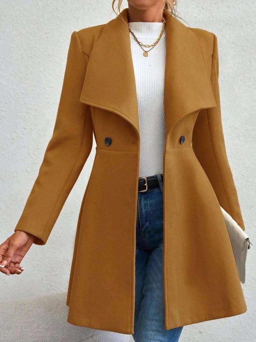 Drune | Mittelanger Wollmantel Einfarbig mit Knöpfen, mit Reverskragen, Langen Ärmeln, Elegante, Lässige Jacke für Frauen