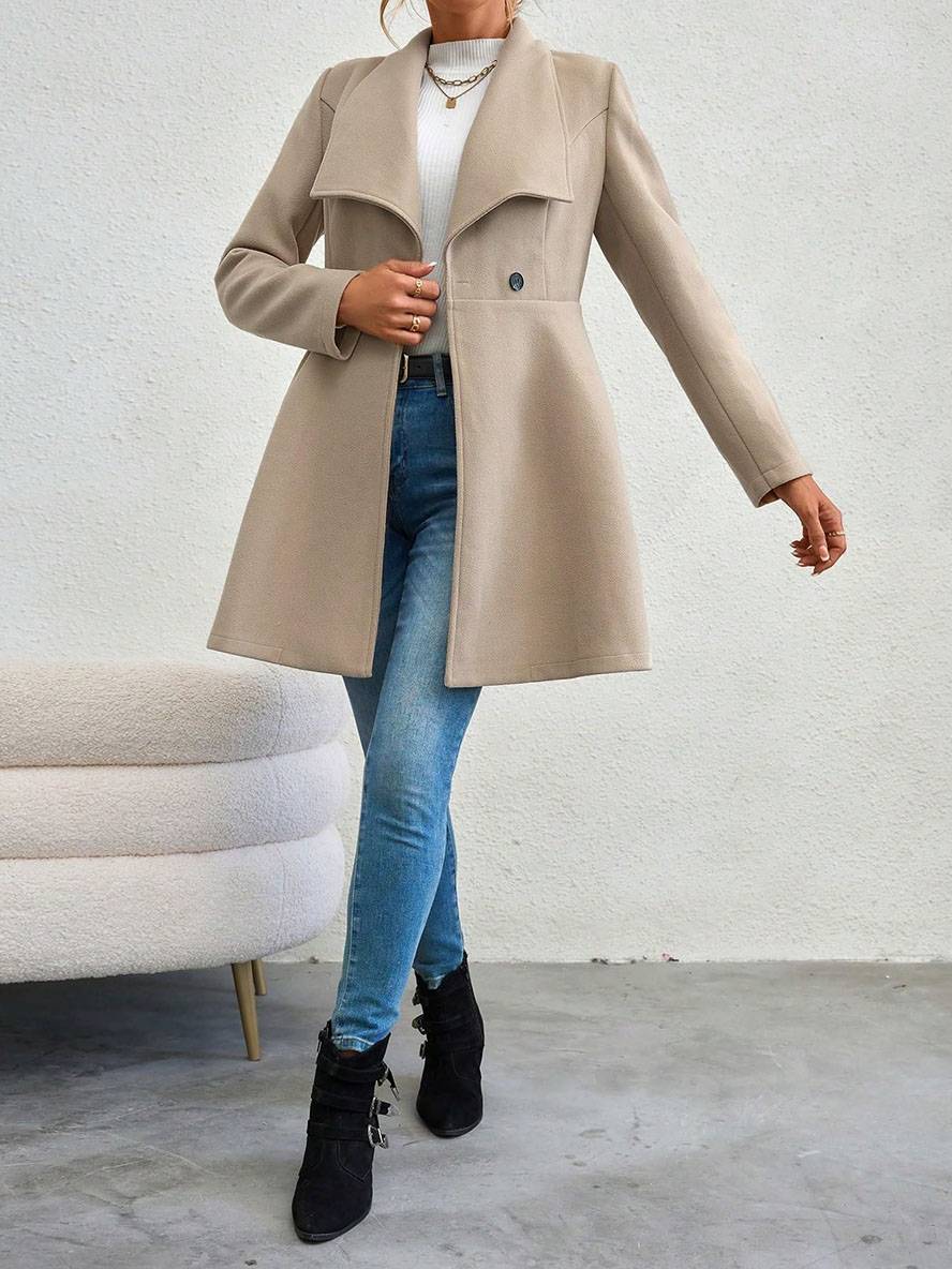 Drune | Mittelanger Wollmantel Einfarbig mit Knöpfen, mit Reverskragen, Langen Ärmeln, Elegante, Lässige Jacke für Frauen