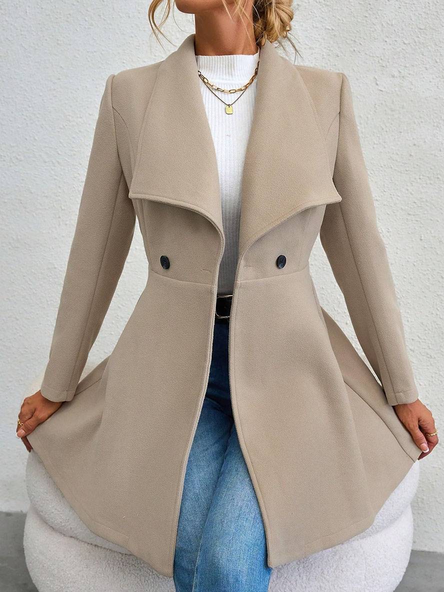 Drune | Mittelanger Wollmantel Einfarbig mit Knöpfen, mit Reverskragen, Langen Ärmeln, Elegante, Lässige Jacke für Frauen