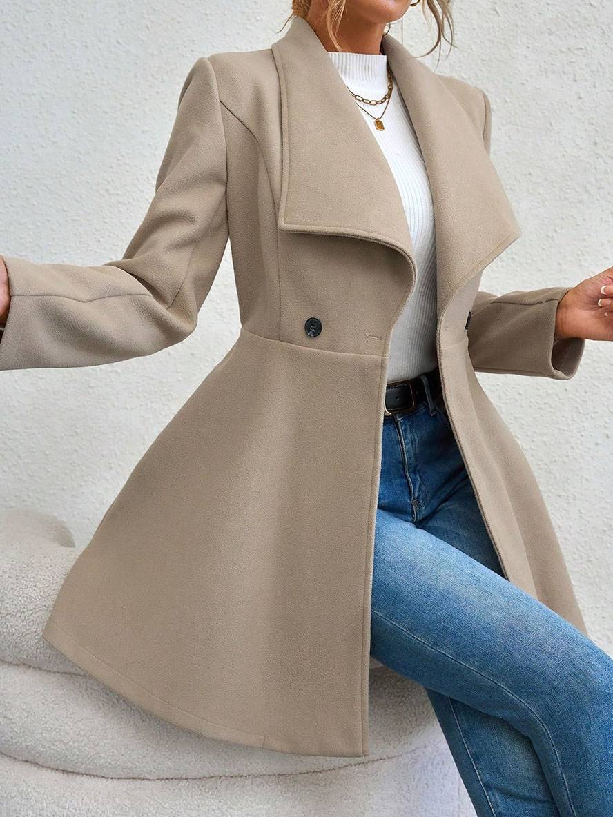 Drune | Mittelanger Wollmantel Einfarbig mit Knöpfen, mit Reverskragen, Langen Ärmeln, Elegante, Lässige Jacke für Frauen