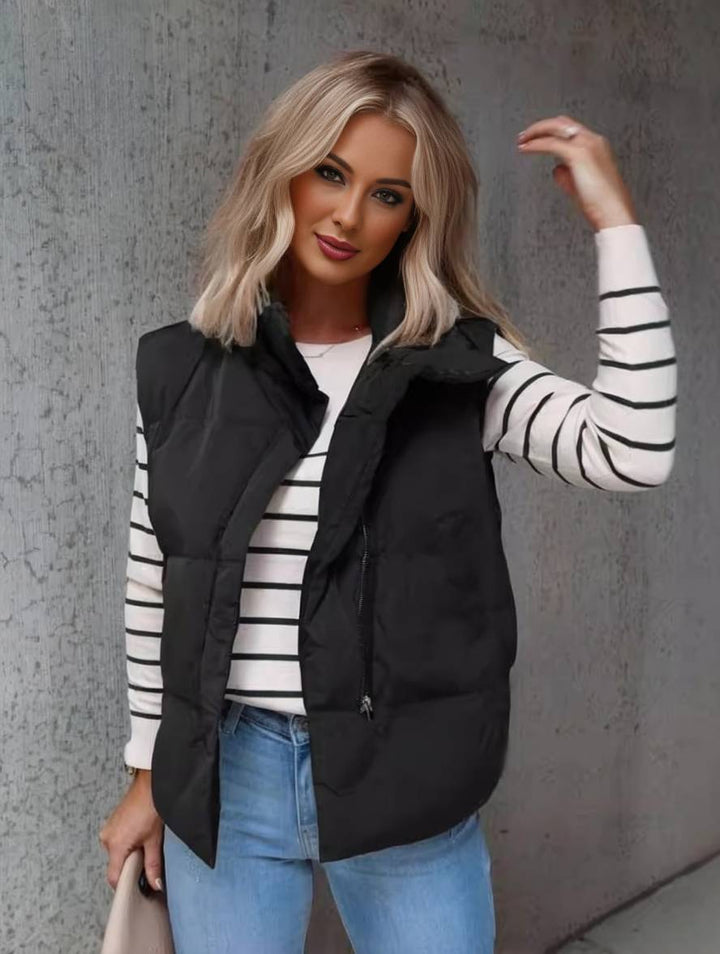 Drune | Kurze Einfarbige Daunenjacke mit Reißverschlusstaschen Ärmellos Damen Elegant Casual Winterweste