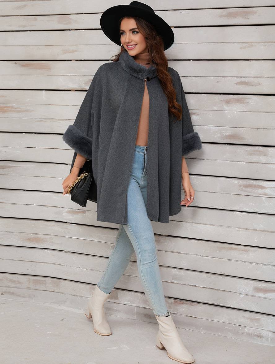 Drune | Mid-Length Poncho Mantel Damen Unregelmäßig Knöpfe Fledermausärmel Damen Elegant Lässig Oversized Jacke
