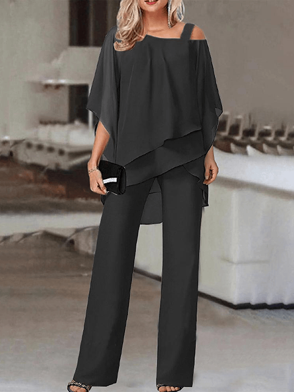 Drune | Zweiteilige Kombinationen Ein-Schulter-Organza Batwing-Oberteile Unregelmäßige Gerade Hose Damen Lässig