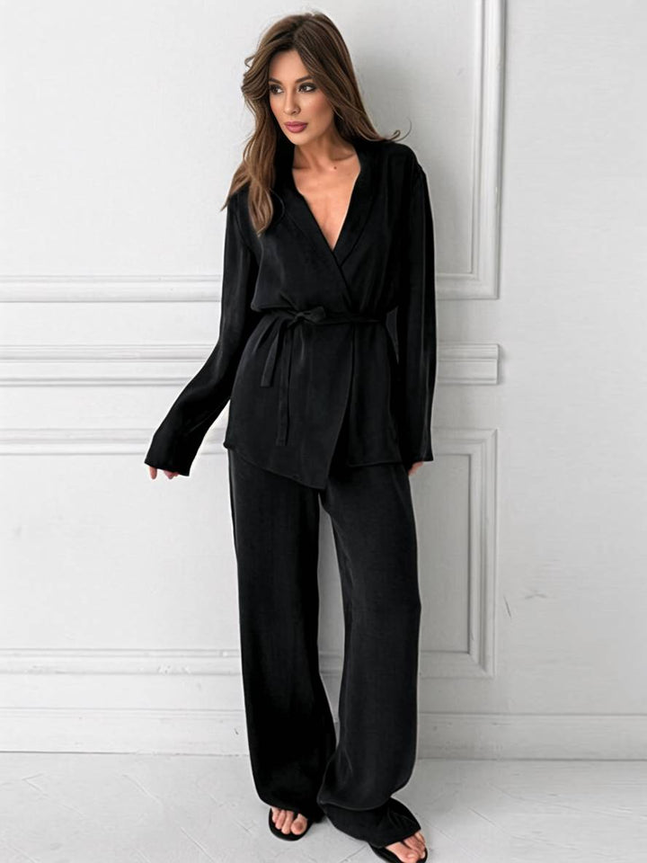 Drune | Outfits mit Hose V-Ausschnitt Gürtel Taschen Blazer Damen Elegant Lässig Zwei Teile