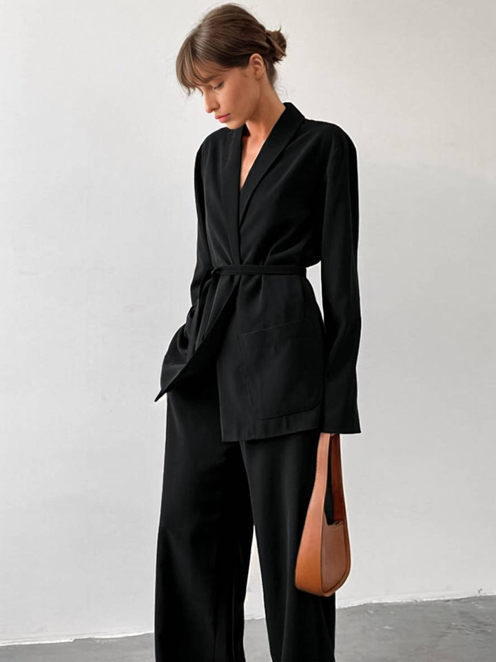 Drune | Outfits mit Hose V-Ausschnitt Gürtel Taschen Blazer Damen Elegant Lässig Zwei Teile