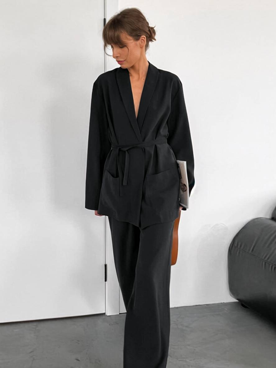 Drune | Outfits mit Hose V-Ausschnitt Gürtel Taschen Blazer Damen Elegant Lässig Zwei Teile