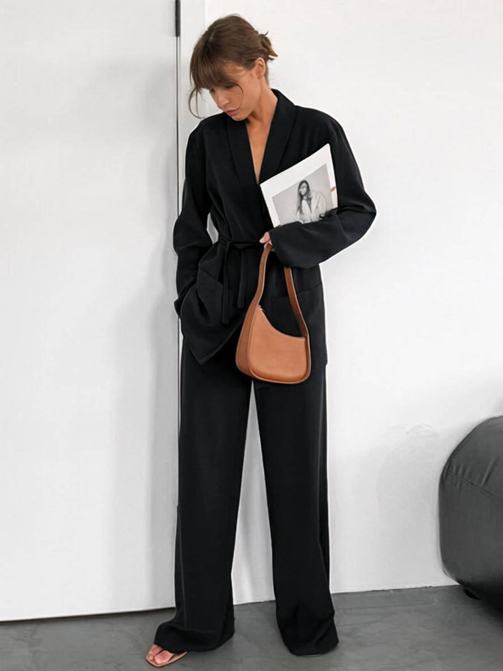 Drune | Outfits mit Hose V-Ausschnitt Gürtel Taschen Blazer Damen Elegant Lässig Zwei Teile