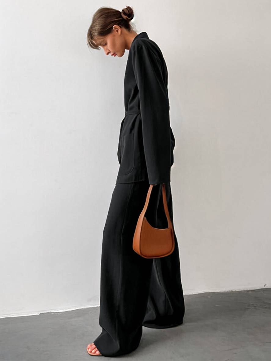 Drune | Outfits mit Hose V-Ausschnitt Gürtel Taschen Blazer Damen Elegant Lässig Zwei Teile