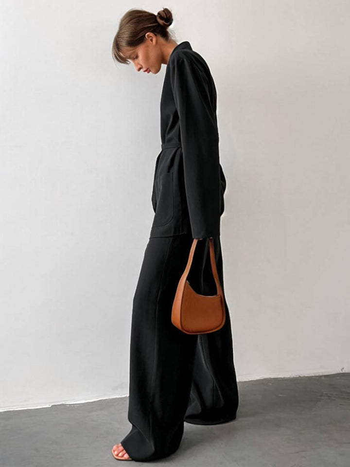 Drune | Outfits mit Hose V-Ausschnitt Gürtel Taschen Blazer Damen Elegant Lässig Zwei Teile