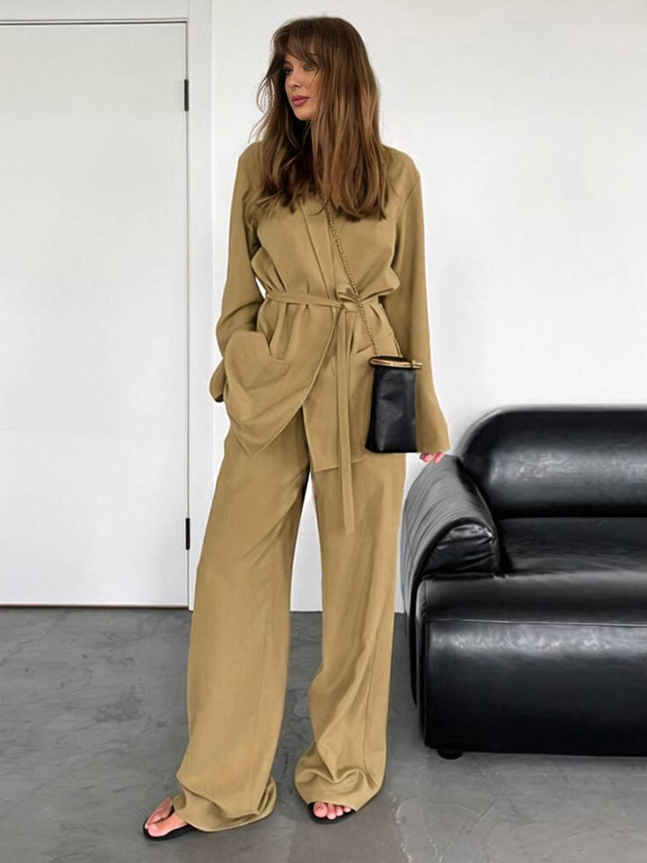 Drune | Outfits mit Hose V-Ausschnitt Gürtel Taschen Blazer Damen Elegant Lässig Zwei Teile