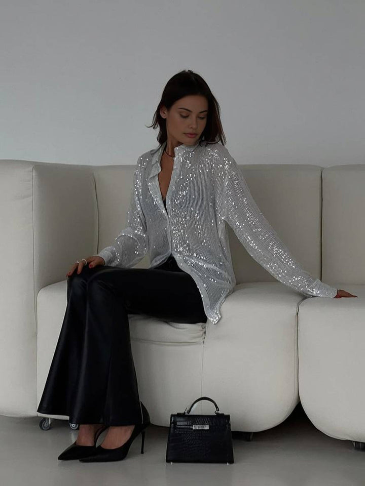 Drune | Bluse Brillante Pailletten Hemd Kragen Hemd Lange Ärmel Damen Elegant Lässig Oversized
