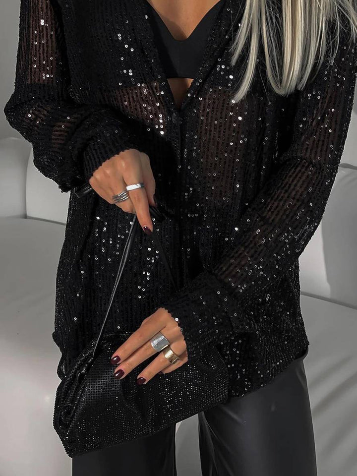 Drune | Bluse Brillante Pailletten Hemd Kragen Hemd Lange Ärmel Damen Elegant Lässig Oversized