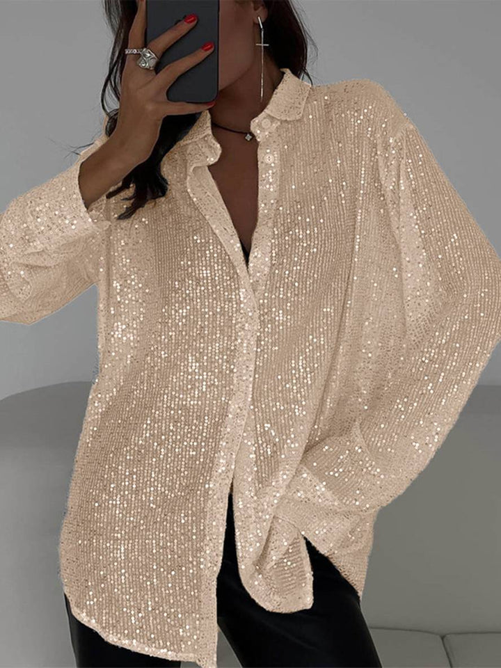 Drune | Bluse Brillante Pailletten Hemd Kragen Hemd Lange Ärmel Damen Elegant Lässig Oversized