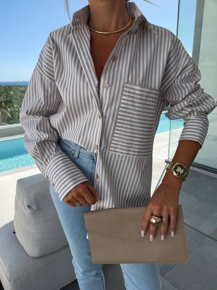 Drune | Gestreifte Bluse Button-Up Shirt Kragen Lange Ärmel Frauen Elegant Maßgeschneidert Freizeit Übergrößen
