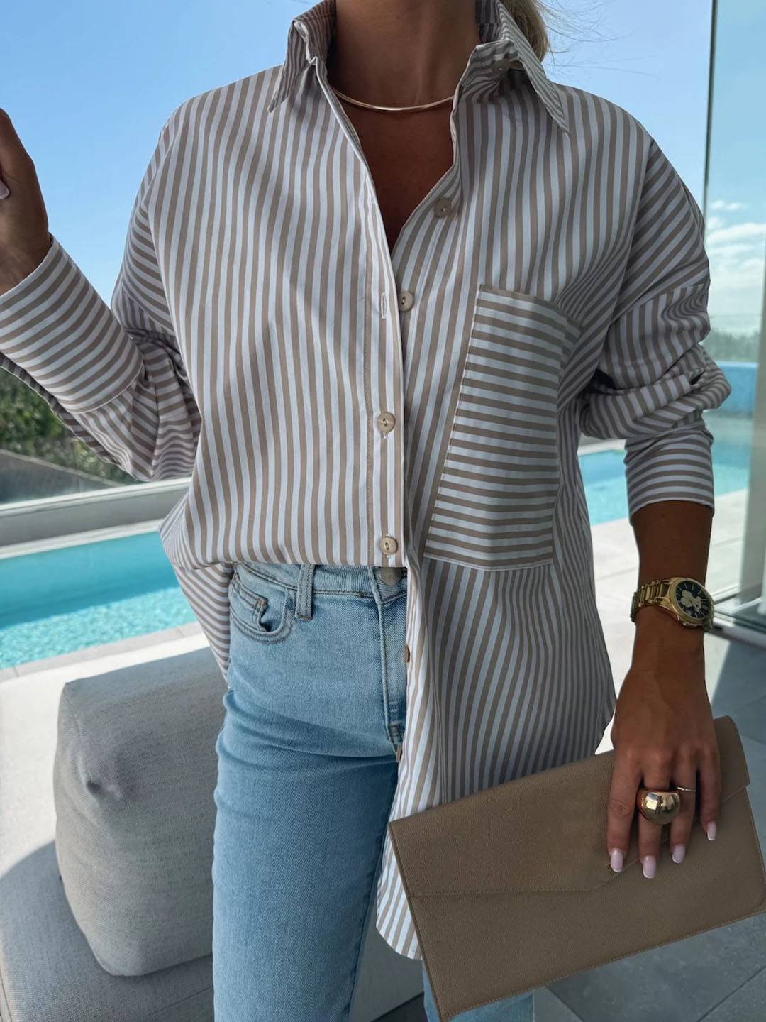 Drune | Gestreifte Bluse Button-Up Shirt Kragen Lange Ärmel Frauen Elegant Maßgeschneidert Freizeit Übergrößen