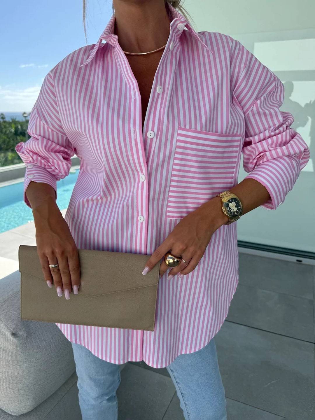 Drune | Gestreifte Bluse Button-Up Shirt Kragen Lange Ärmel Frauen Elegant Maßgeschneidert Freizeit Übergrößen
