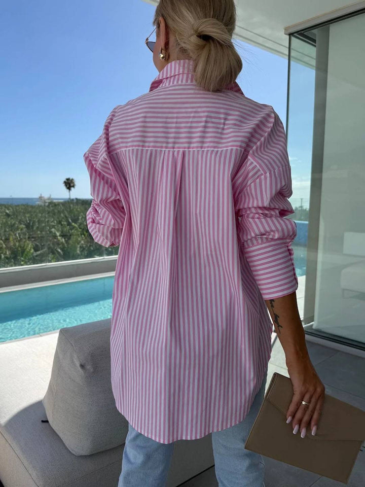 Drune | Gestreifte Bluse Button-Up Shirt Kragen Lange Ärmel Frauen Elegant Maßgeschneidert Freizeit Übergrößen