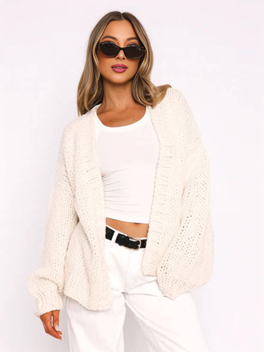Drune | Cardigan aus Grobstrick Einfarbig mit Abfallenden Schultern Langarm Damen Elegant Lässig Weit Oversized Blouson