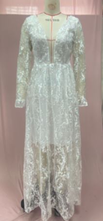 Damen Elegantes Hochzeitskleid mit floralen Spitzenapplikationen und tiefem V-Ausschnitt Drune