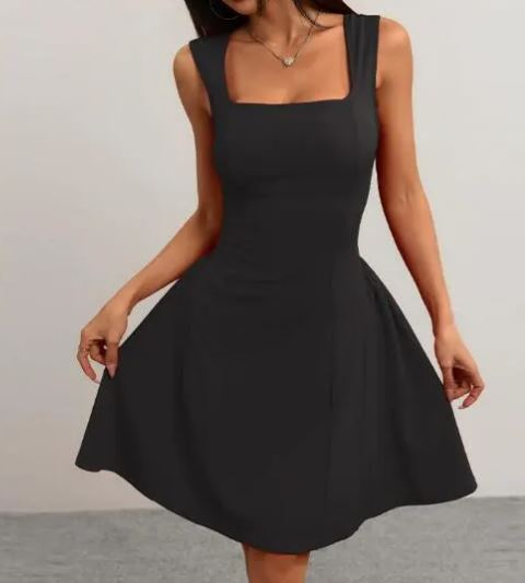 Damen A-Linien Kleid mit quadratischem Ausschnitt und schwingendem Rock Drune