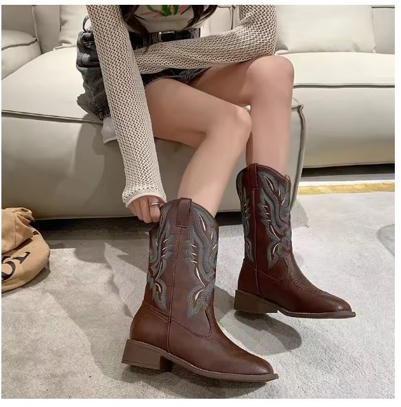 Drune | Western Stil Stiefel Damen mit Spitzem Kopf und Blockabsatz, Cowboy Stiefel Damen