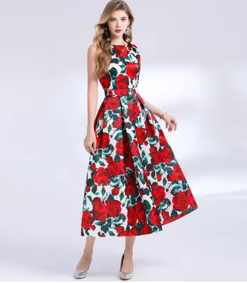 Damen Festliches Maxikleid mit elegantem floralem Muster und Taillengürtel Drune