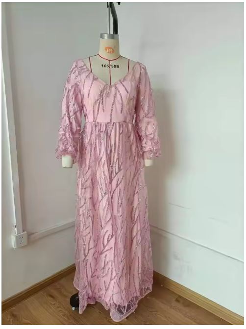 Damen Glamouröses Abendkleid mit funkelnden Pailletten und transparenten Ärmeln Drune