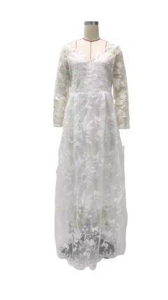 Damen Hochwertiges Brautkleid mit floralen Spitzenapplikationen und tiefem Ausschnitt Drune