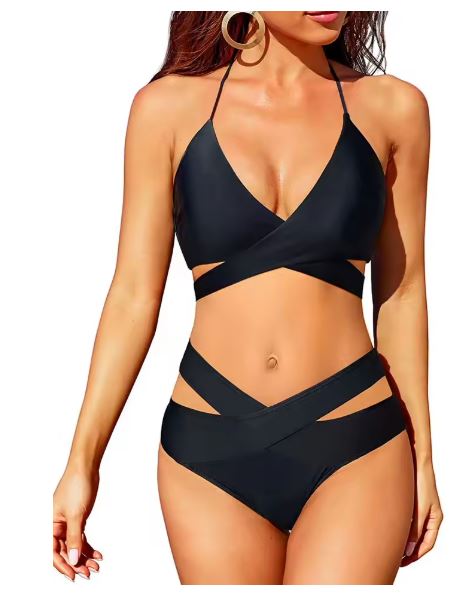 Drune | Hochtailliertes Bikini Badeanzug Push up Halter Wickel Criss Cross 2 Teiliges Satz