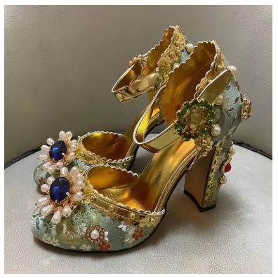 Damen Verzierten Hochhackigen Chunky Knöchelriemen Pumps Drune