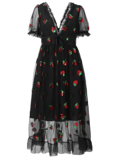 Damen Tüllkleid mit floralem Glitzerdesign und transparenten Ärmeln Drune