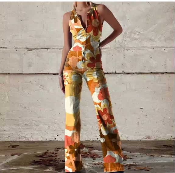 Drune | Floral Gespalten Denim Jumpsuit