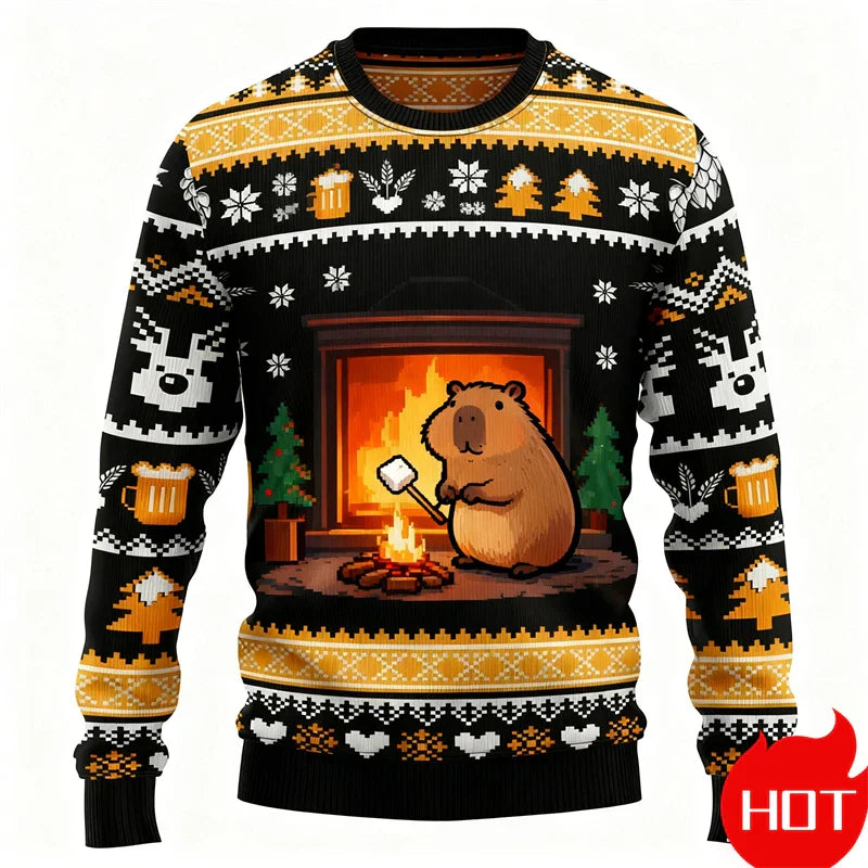 Drune | Weihnachts-Pullover - 3D Capybara Design, Warm Komfort & Fröhlicher Festlicher Stil
