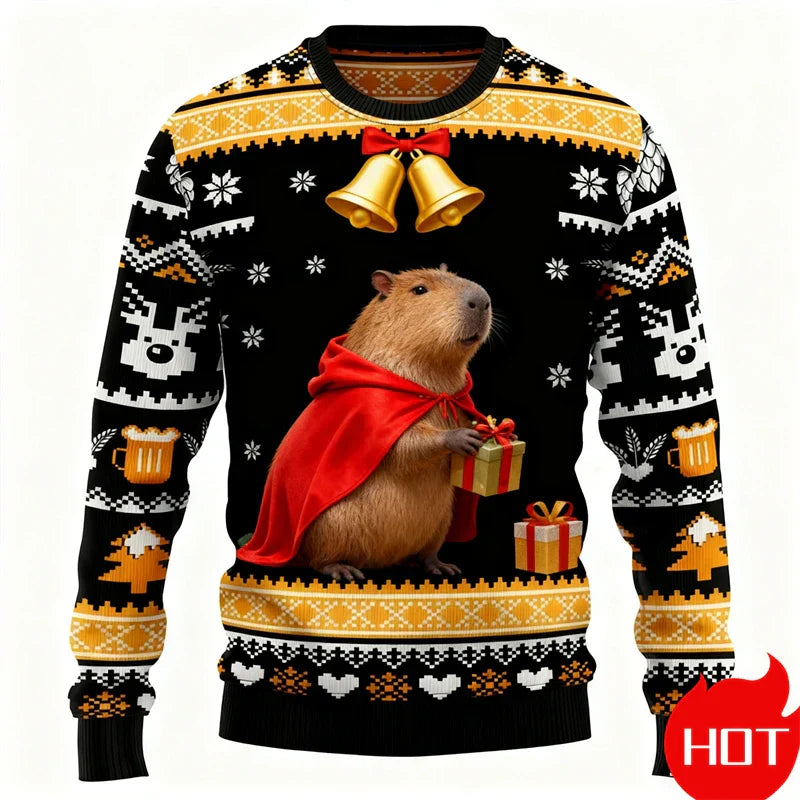 Drune | Weihnachts-Pullover - 3D Capybara Design, Warm Komfort & Fröhlicher Festlicher Stil