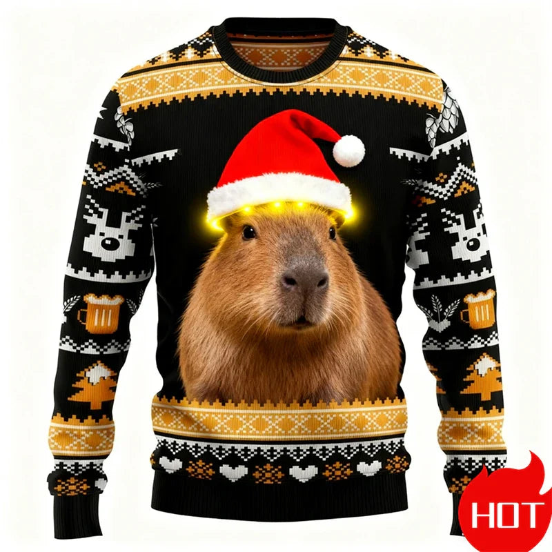 Drune | Weihnachts-Pullover - 3D Capybara Design, Warm Komfort & Fröhlicher Festlicher Stil