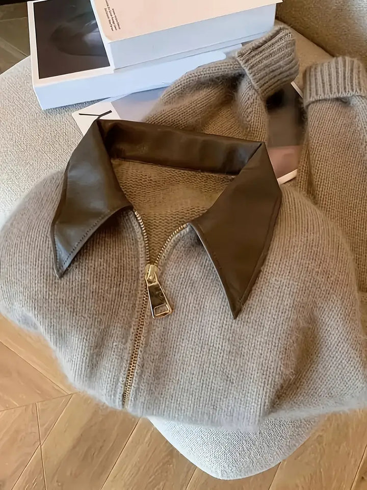 Drune | Reißverschluss Hellbraun mit Kragen Gestrickter Damen