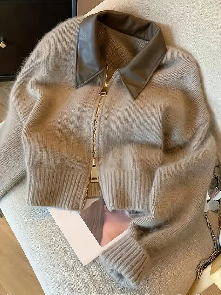 Drune | Reißverschluss Hellbraun mit Kragen Gestrickter Damen