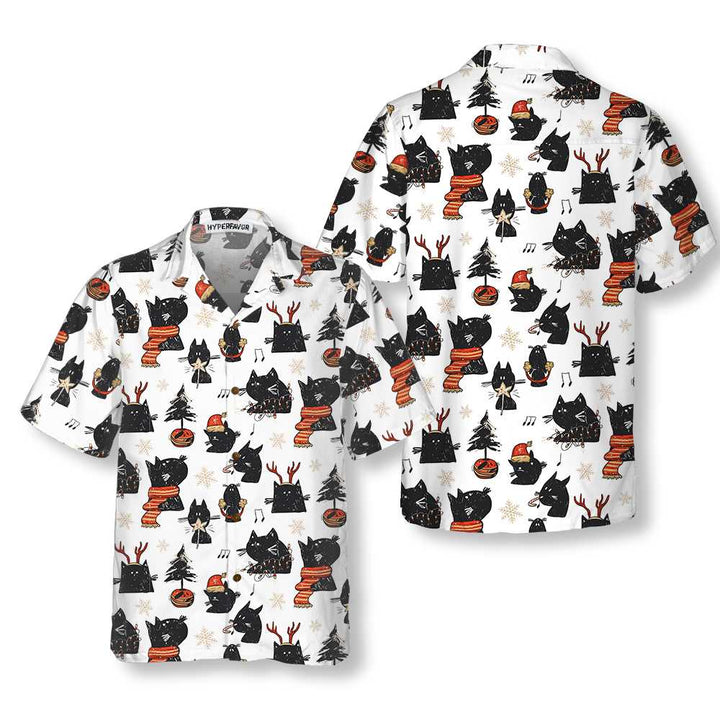 Drune | Cartoon Schwarz Katze Frohe Weihnachten Hawaiian Shirt, Lustiges Weihnachtskatze Shirt, Beste Weihnachtsgeschenkidee
