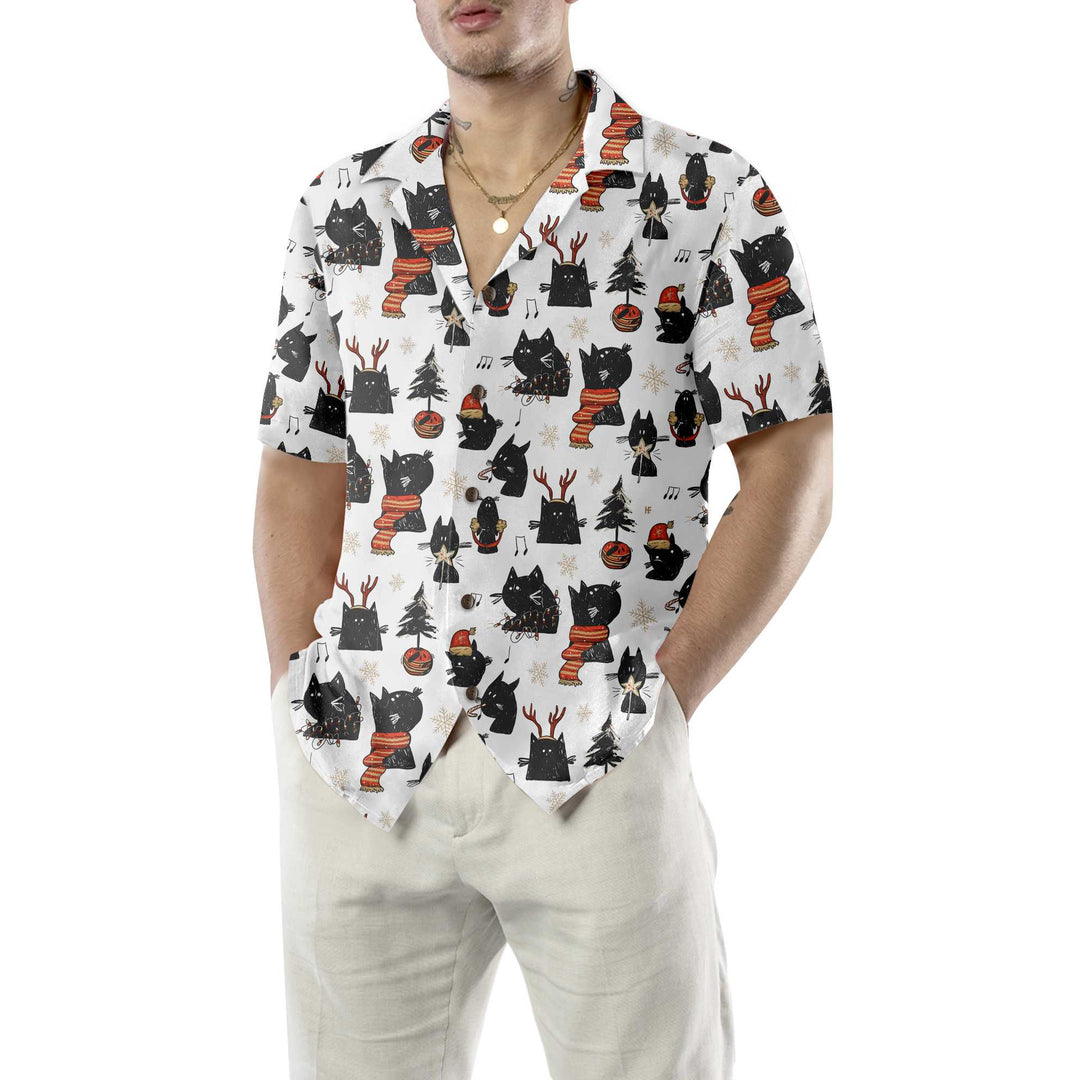 Drune | Cartoon Schwarz Katze Frohe Weihnachten Hawaiian Shirt, Lustiges Weihnachtskatze Shirt, Beste Weihnachtsgeschenkidee
