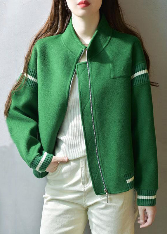 Drune | Grüne Stehkragen Zip Up Patchwork Wolle Mäntel