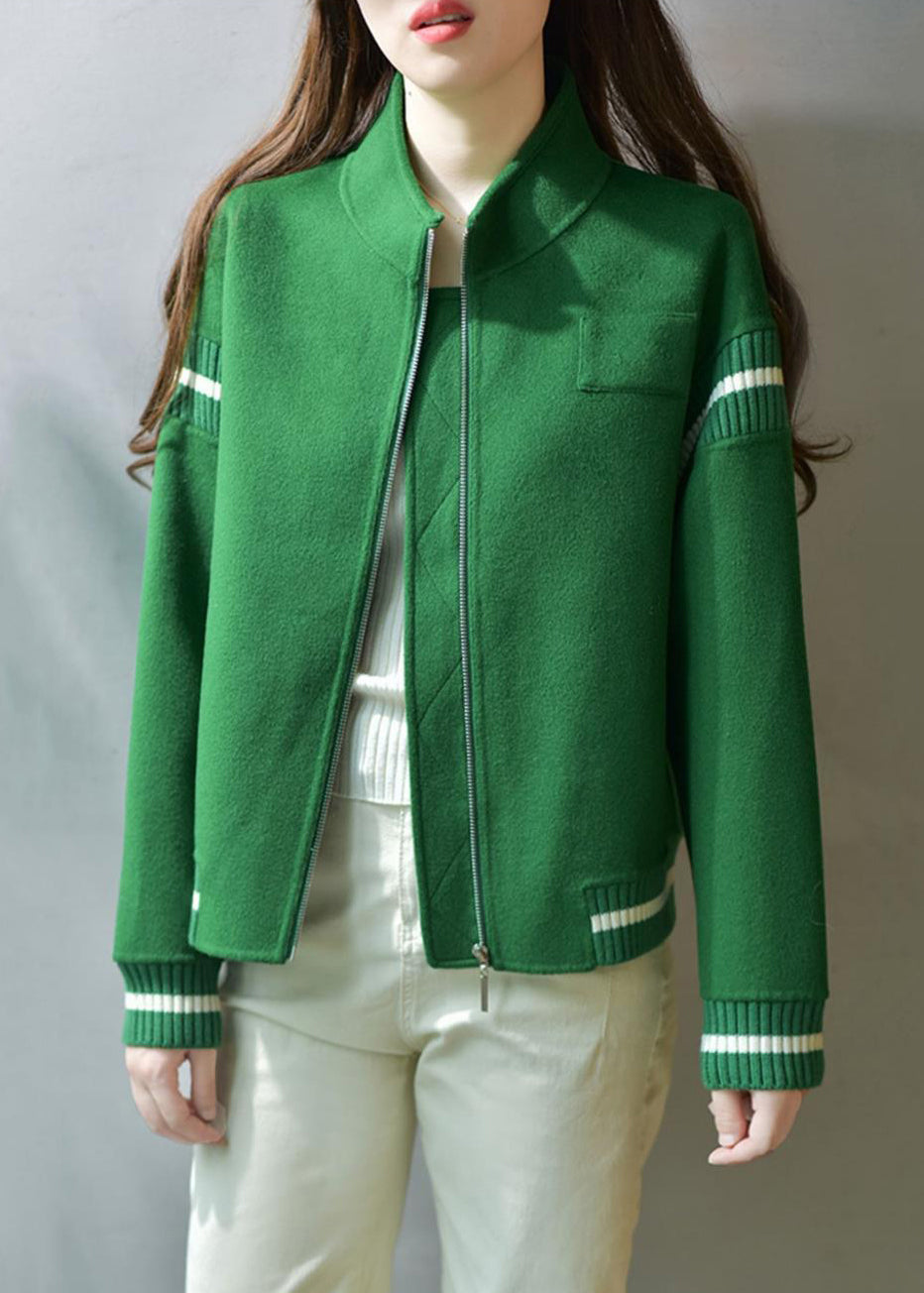 Drune | Grüne Stehkragen Zip Up Patchwork Wolle Mäntel