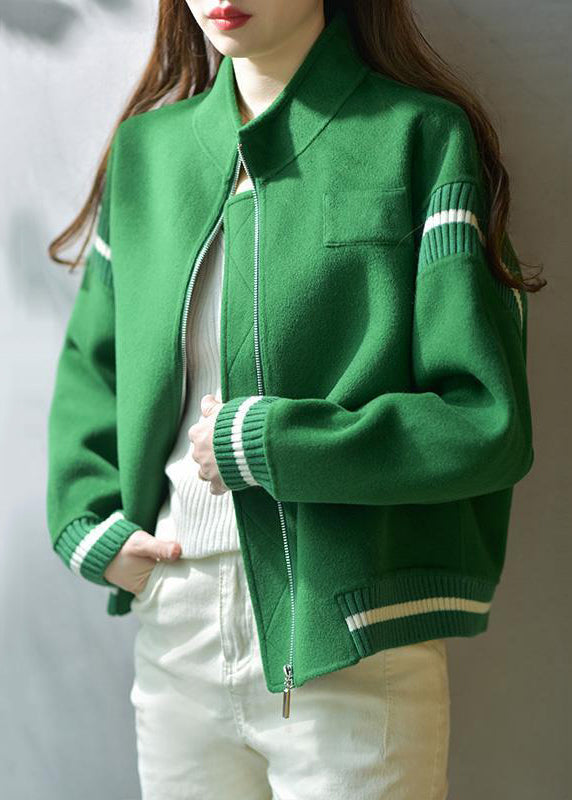 Drune | Grüne Stehkragen Zip Up Patchwork Wolle Mäntel