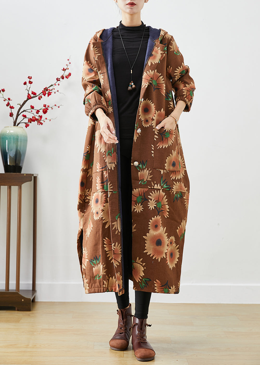Drune | Khaki Kapuzen Floral Print Warme Fleece Mäntel Winter