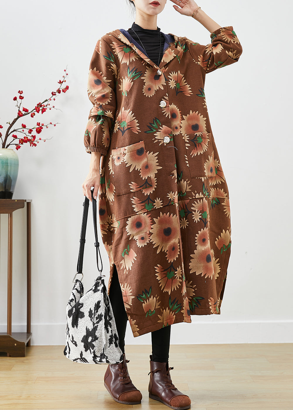 Drune | Khaki Kapuzen Floral Print Warme Fleece Mäntel Winter